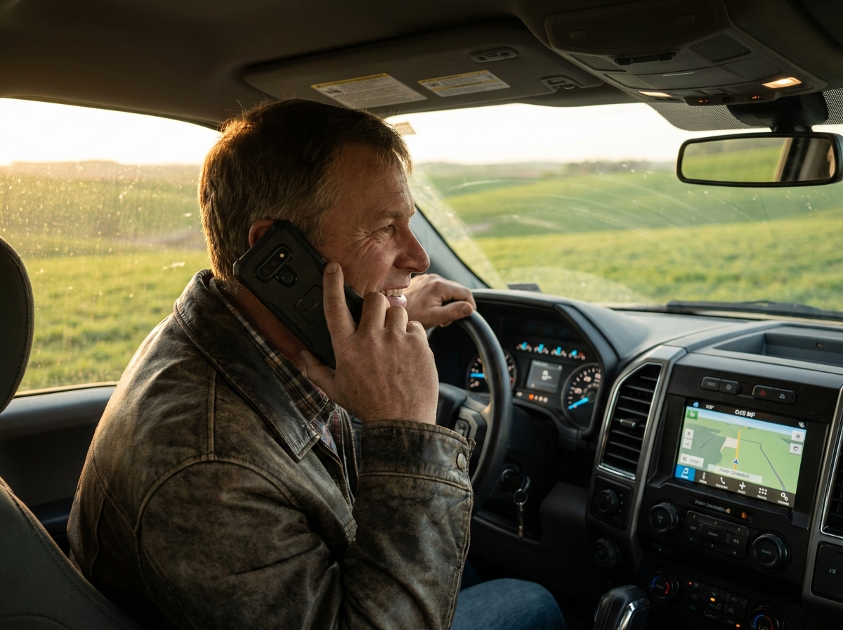 Farmer talking on phone in truck cab